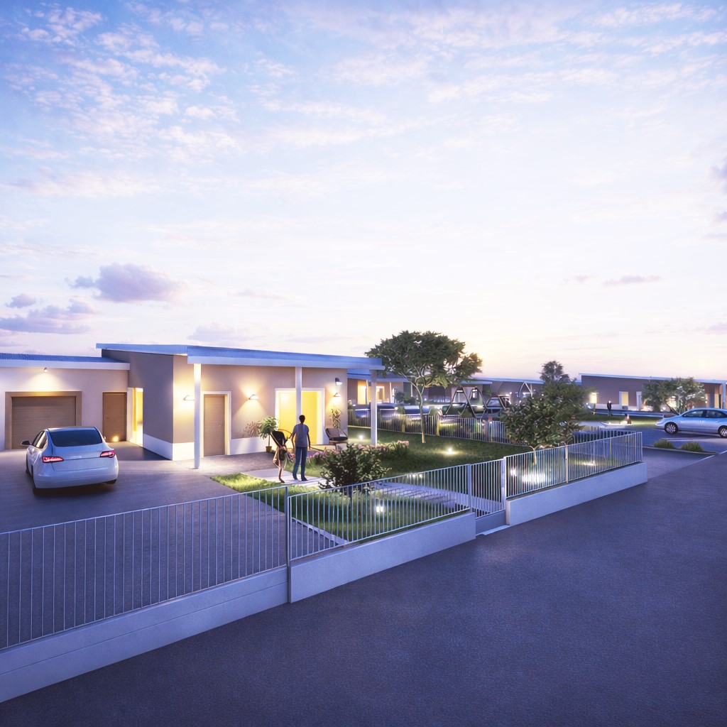 Render del complesso NovaGreg al tramonto